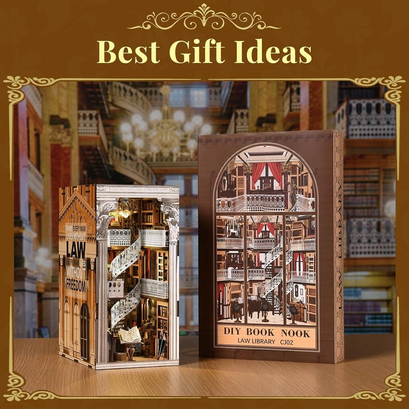 MiniCity DIY Book Nook Kit, Miniature Dollhouse Booknook Kit, 3D Wooden Puzzle Bookend Bookshelf Insert Decor with LED Light for Teens and Adults (Law Library) - Image 5